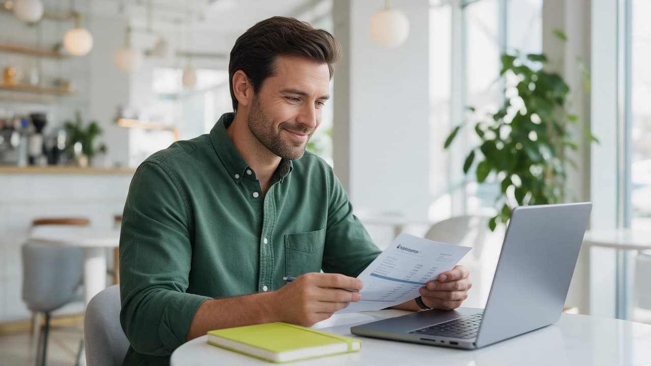 Small business owner reviewing expenses on a laptop
