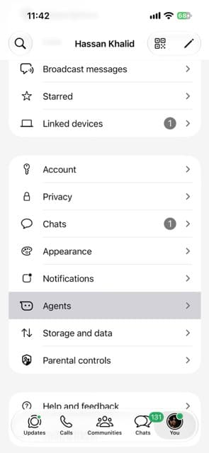 WhatsApp You settings screen with Agents highlighted