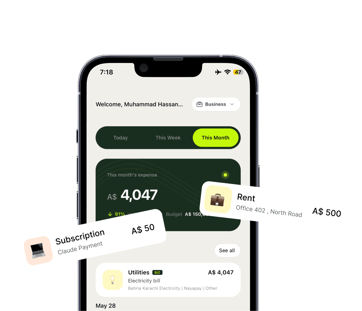 TrackFi business expense tracker app dashboard on mobile